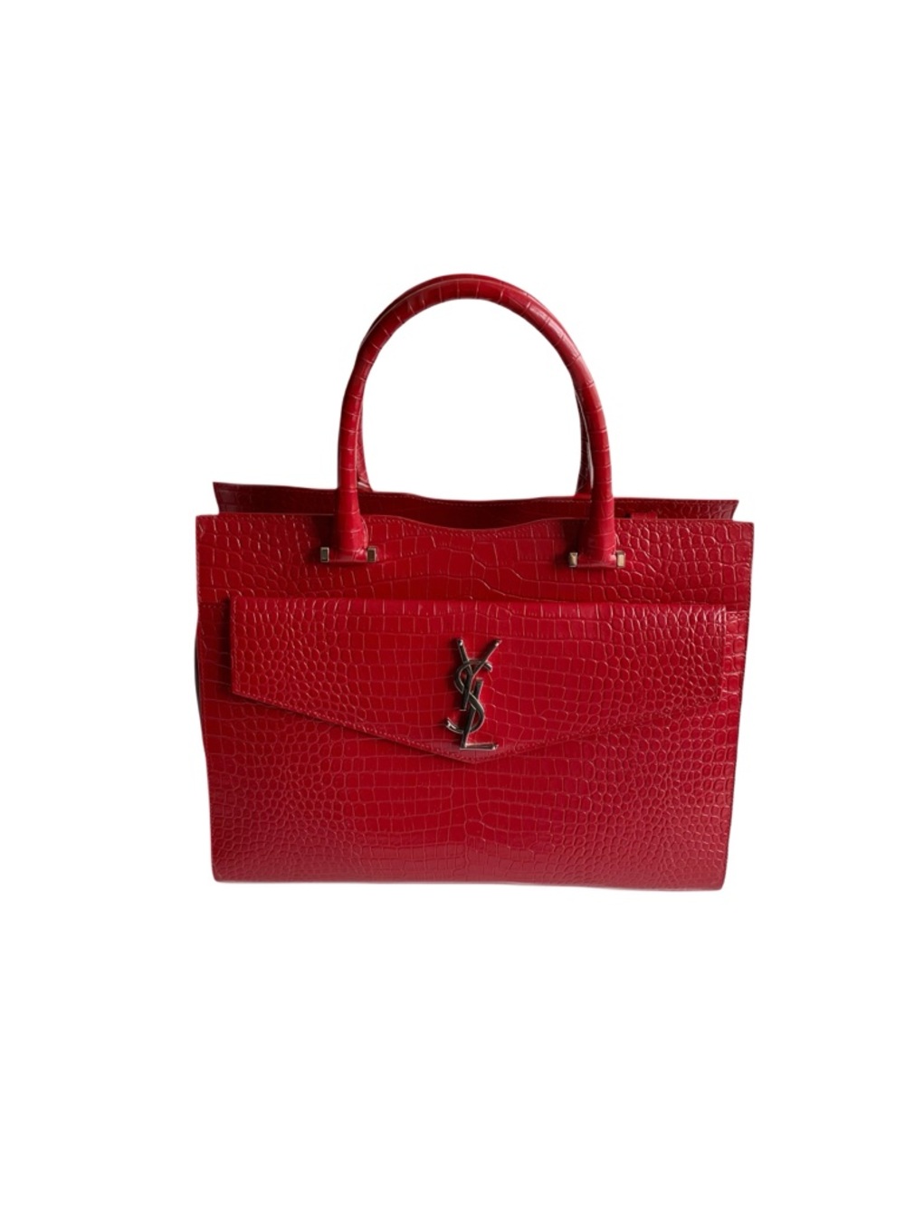 YSL Saint Laurent Medium Uptown Tote Red Croc Leather Top Handle Satchel Bag